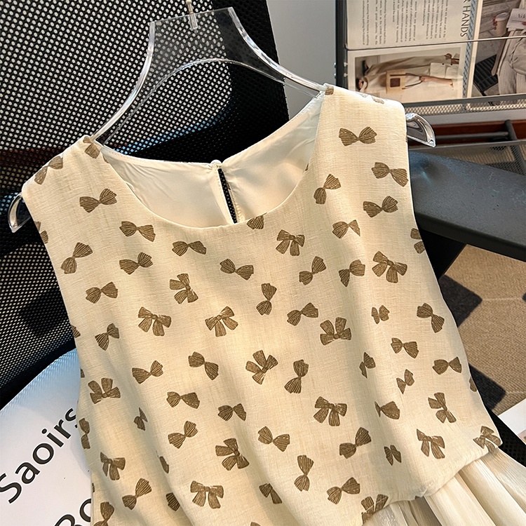 All-match bow slim tops printing fashion vest for women