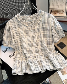 Plaid summer doll shirt crimp retro shirt for women