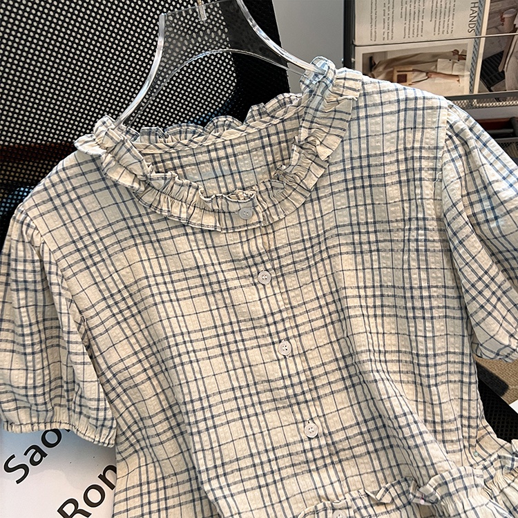 Plaid summer doll shirt crimp retro shirt for women