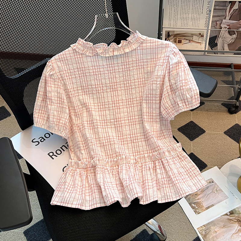Plaid summer doll shirt crimp retro shirt for women