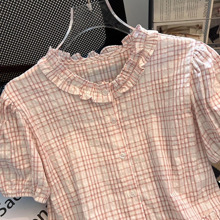 Plaid summer doll shirt crimp retro shirt for women