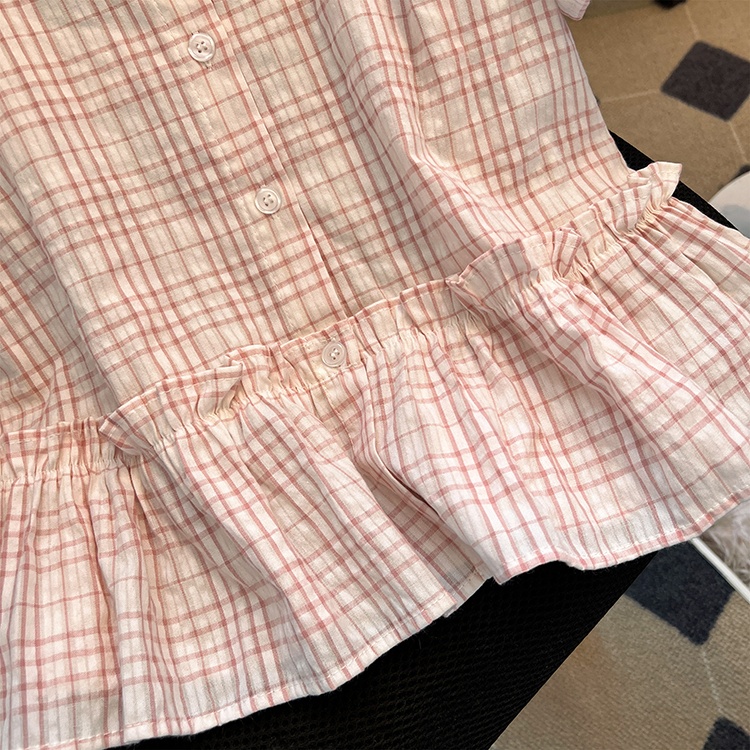 Plaid summer doll shirt crimp retro shirt for women