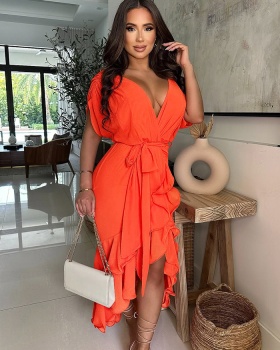 European style sexy frenum irregular V-neck dress