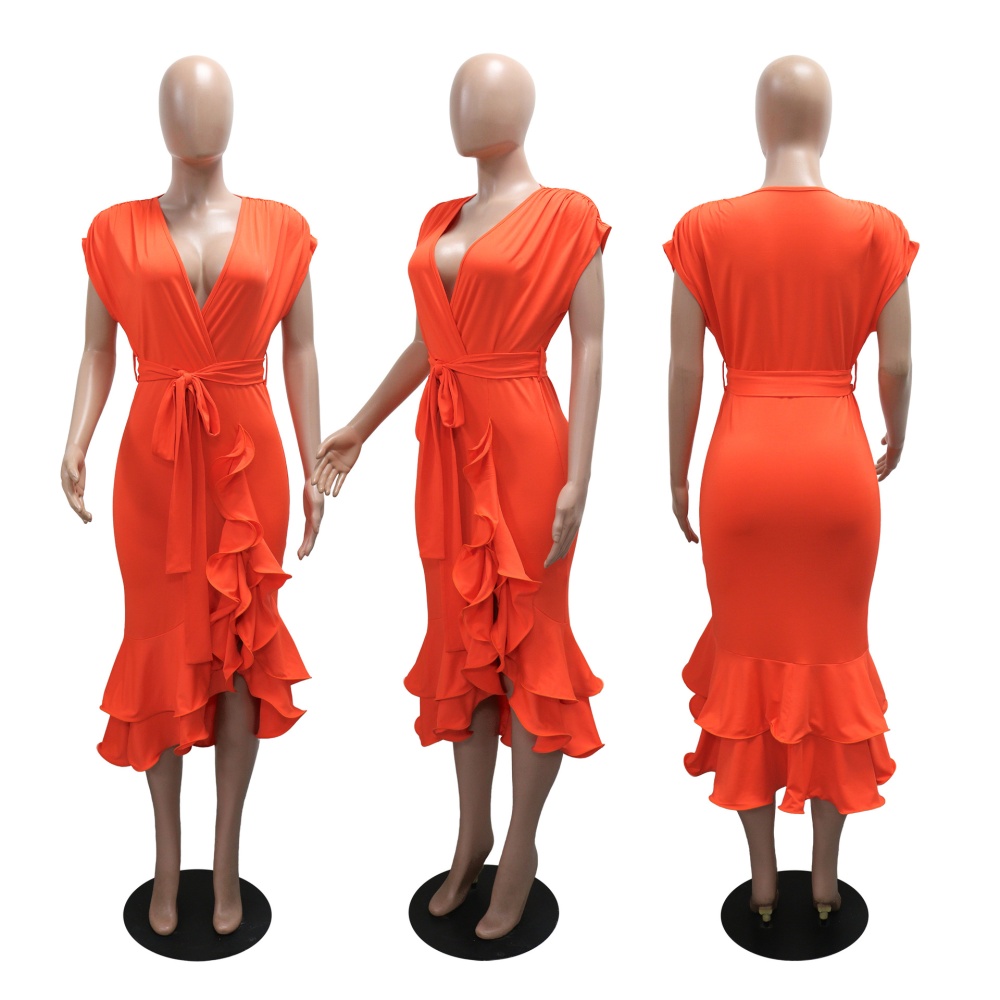 European style sexy frenum irregular V-neck dress
