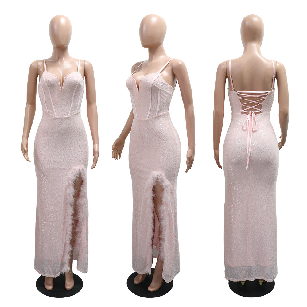 Feather wrapped chest split dress V-neck sling formal dress