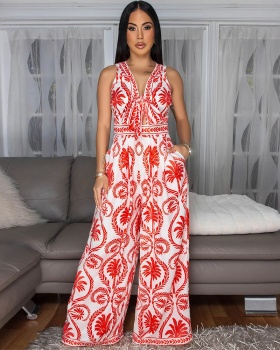 Zip sleeveless tops frenum European style jumpsuit for women