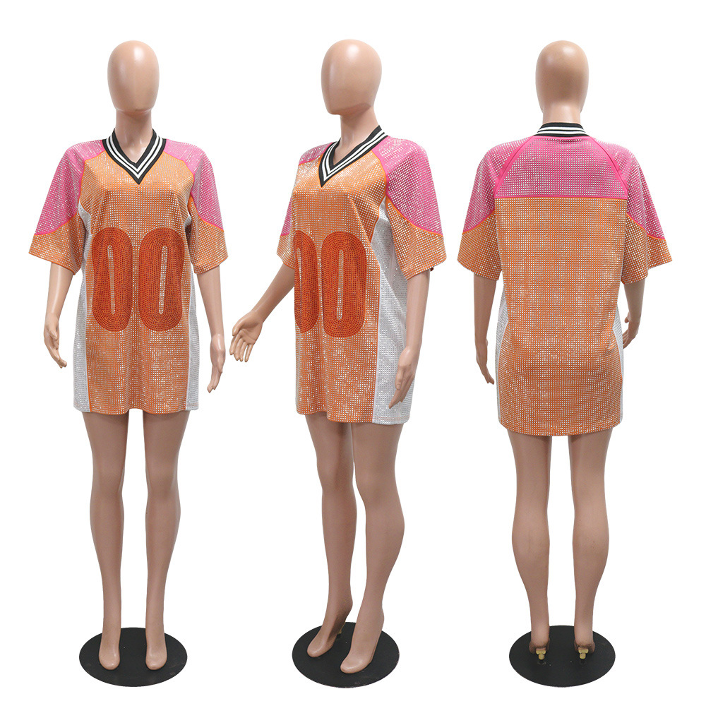 European style V-neck tops stitching color loose dress