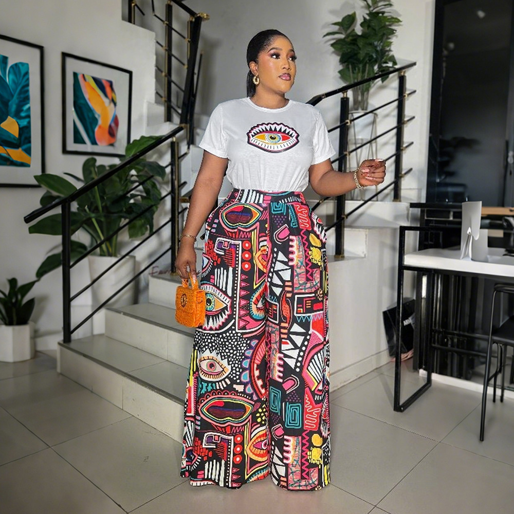 Round neck tops wide leg pants 2pcs set for women