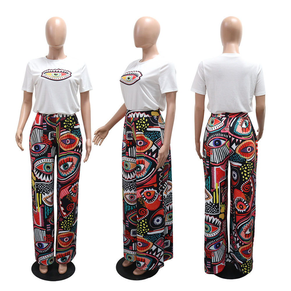 Round neck tops wide leg pants 2pcs set for women
