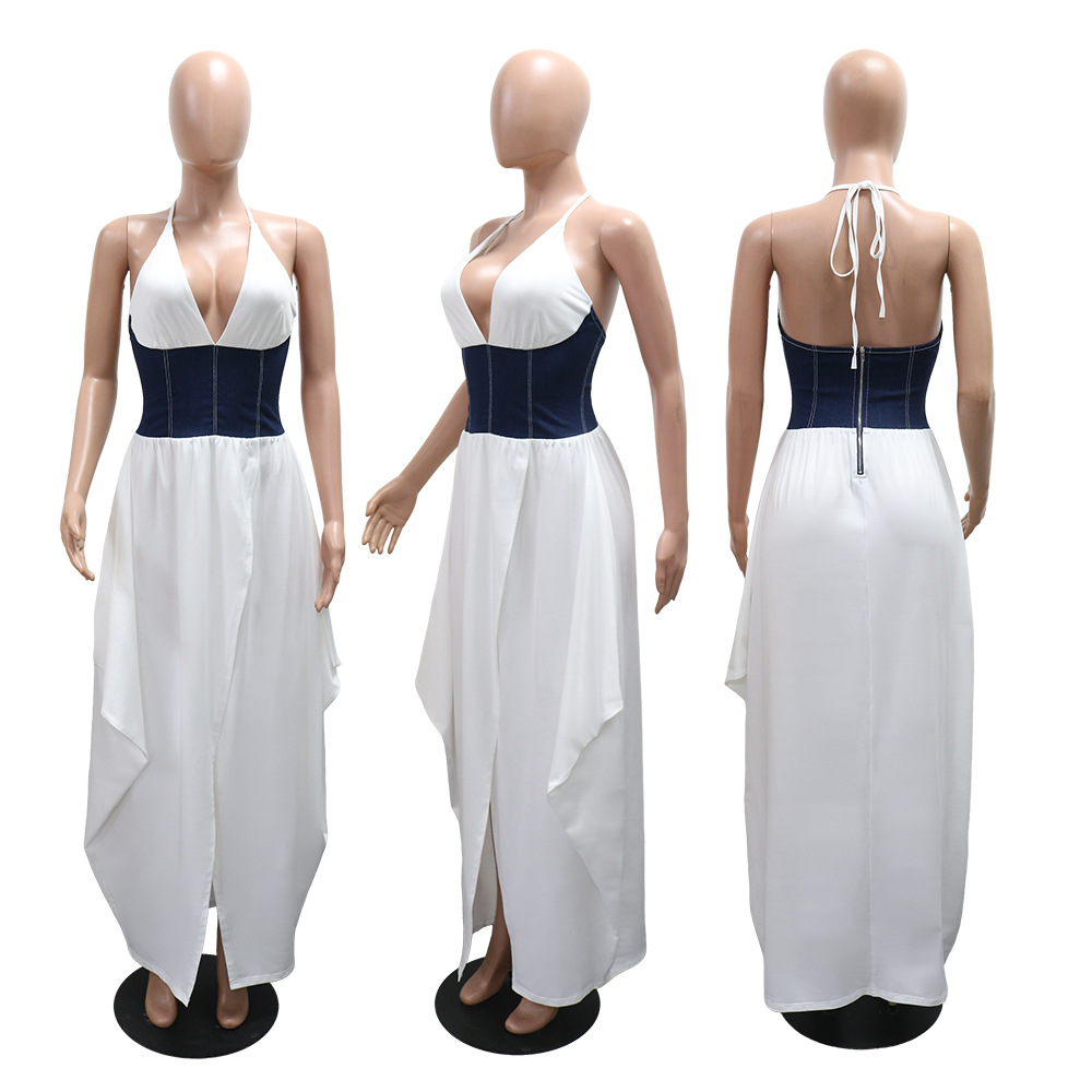Slim V-neck milk split splice irregular dress for women