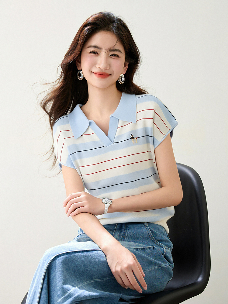 Short sleeve summer shirts lapel stripe T-shirt for women