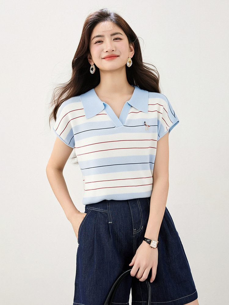 Short sleeve summer shirts lapel stripe T-shirt for women
