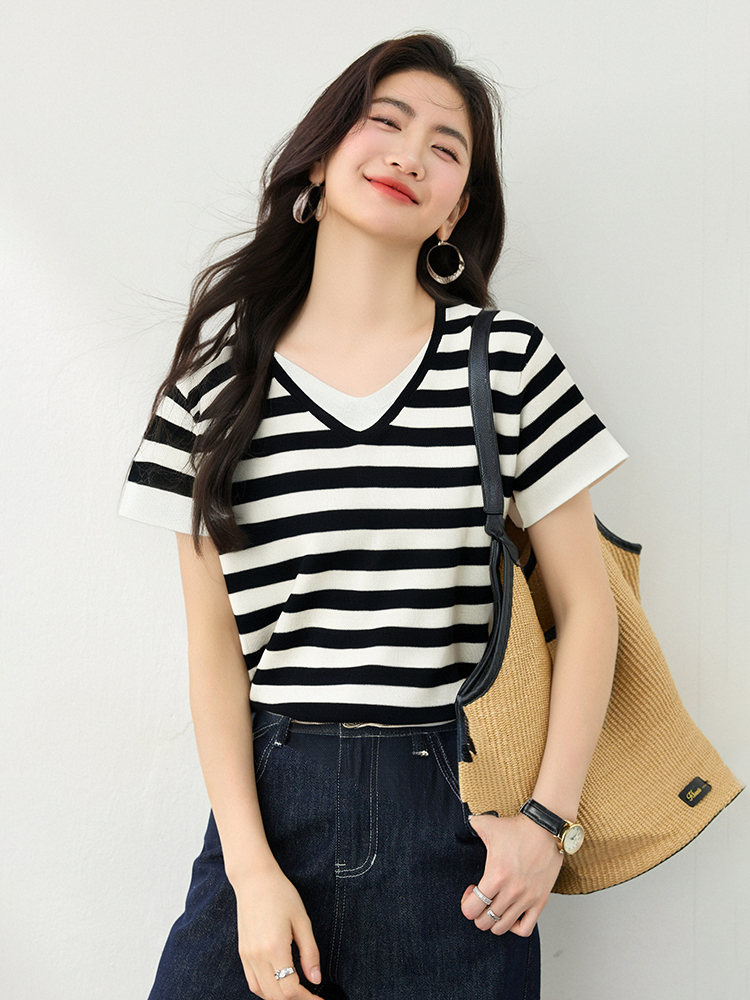 Slim Pseudo-two sweater summer short sleeve tops for women