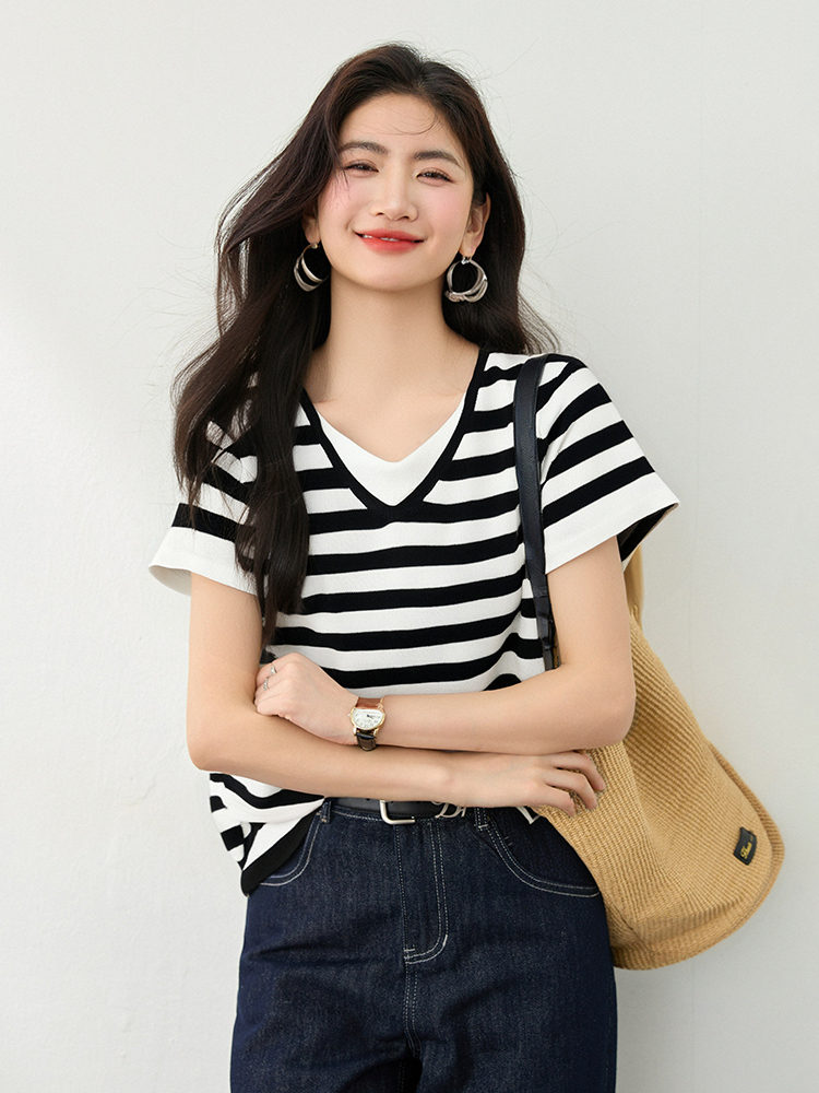 Slim Pseudo-two sweater summer short sleeve tops for women