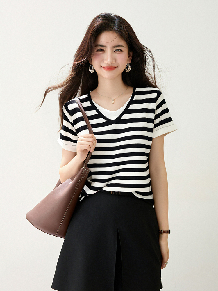 Slim Pseudo-two sweater summer short sleeve tops for women