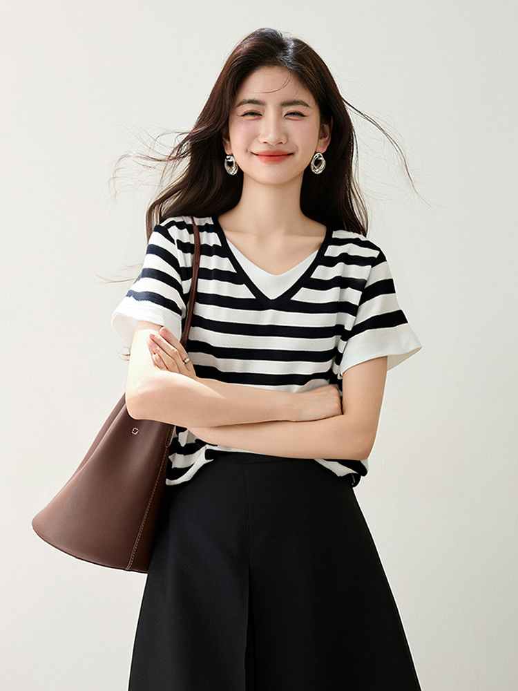 Slim Pseudo-two sweater summer short sleeve tops for women