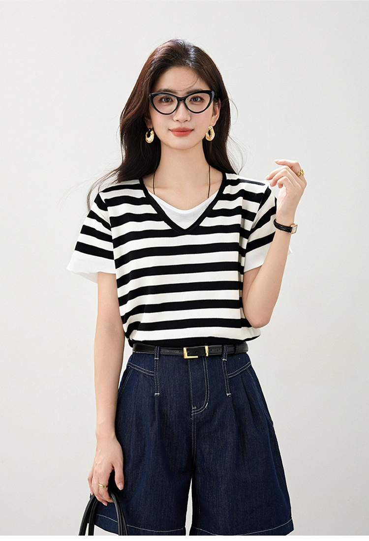 Slim Pseudo-two sweater summer short sleeve tops for women