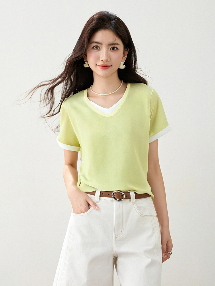 Summer Pseudo-two sweater slim short sleeve T-shirt for women
