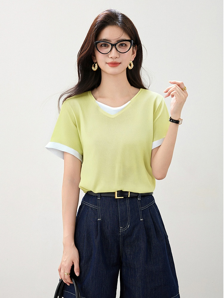 Summer Pseudo-two sweater slim short sleeve T-shirt for women