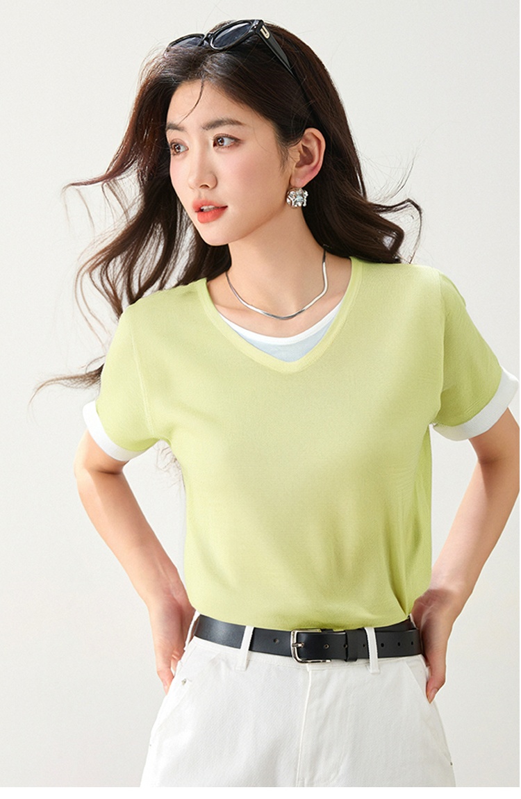 Summer Pseudo-two sweater slim short sleeve T-shirt for women