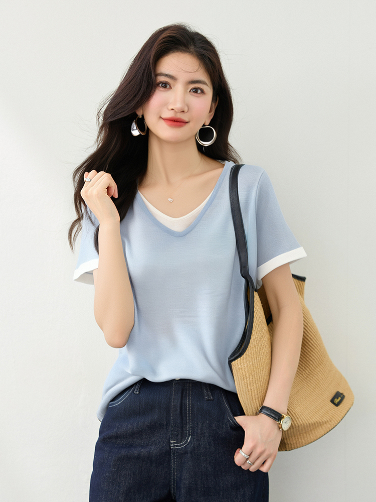 Summer Pseudo-two sweater slim short sleeve T-shirt for women
