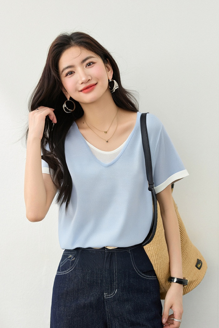 Summer Pseudo-two sweater slim short sleeve T-shirt for women
