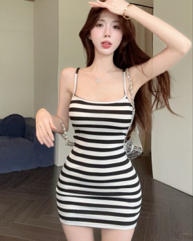 Sling enticement basis U-neck cozy stripe short slim dress