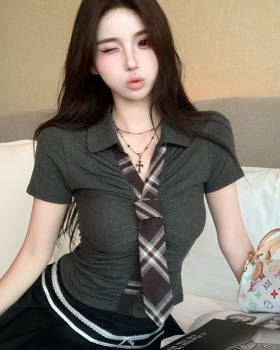 Slim plaid collar T-shirt Pseudo-two tops for women
