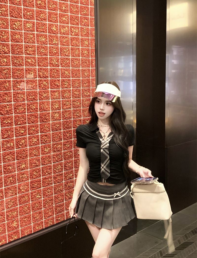 Slim plaid collar T-shirt Pseudo-two tops for women