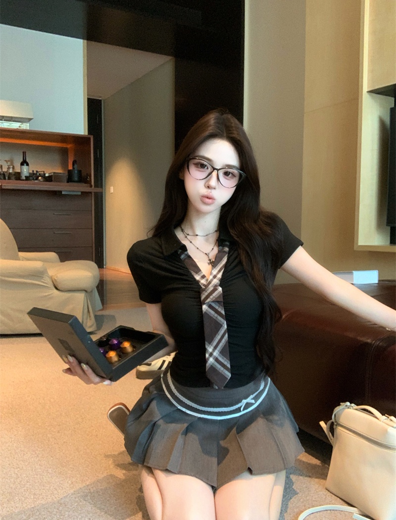 Slim plaid collar T-shirt Pseudo-two tops for women