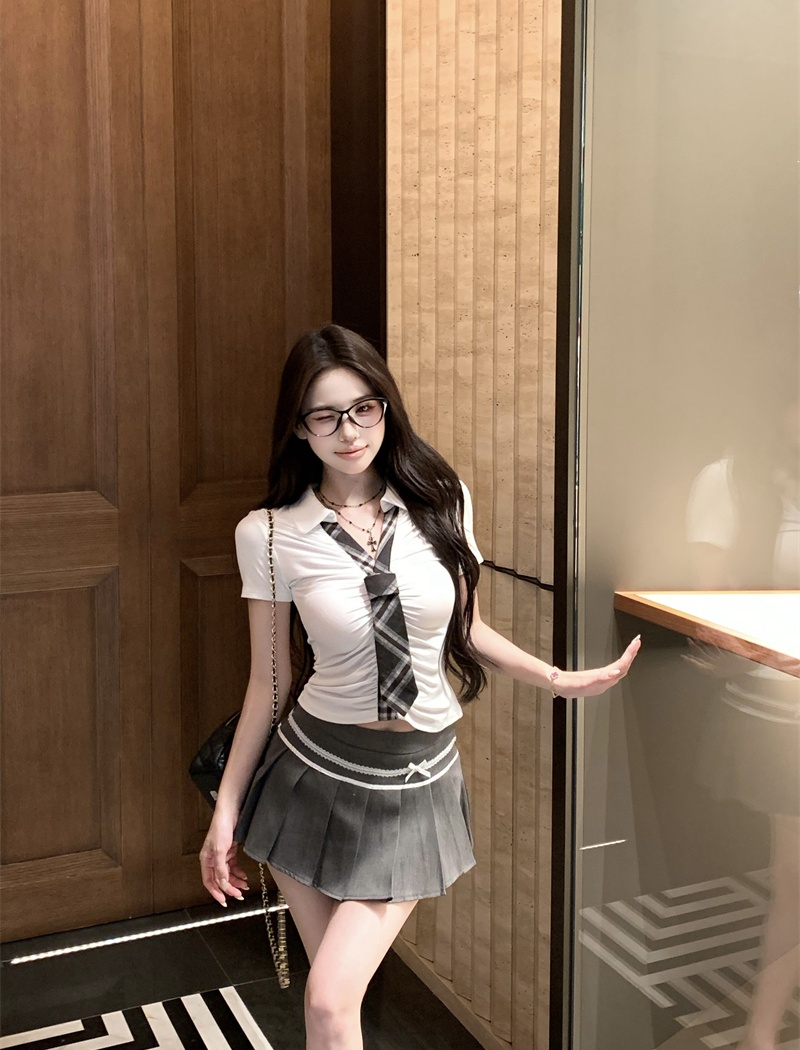 Slim plaid collar T-shirt Pseudo-two tops for women