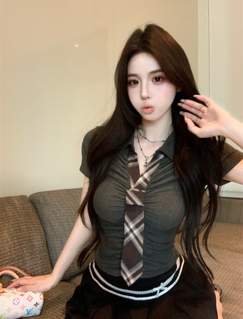 Slim plaid collar T-shirt Pseudo-two tops for women