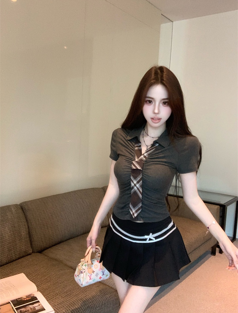 Slim plaid collar T-shirt Pseudo-two tops for women
