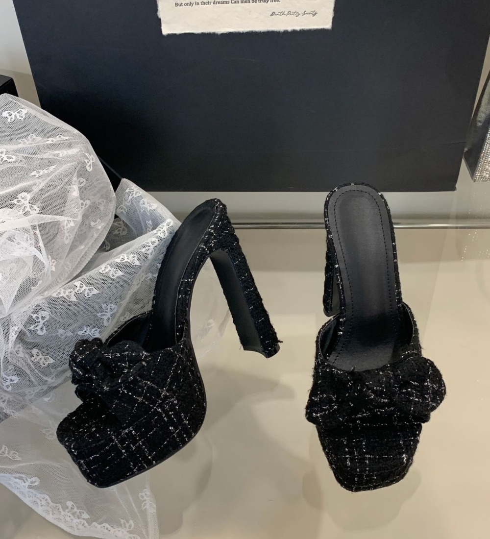 Chanelstyle open toe slippers square head high-heeled shoes