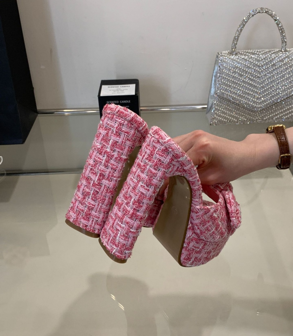 Chanelstyle open toe slippers square head high-heeled shoes