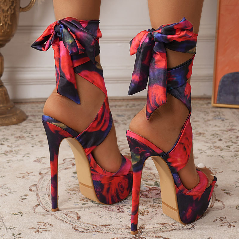 Bandage floral round European style sandals for women