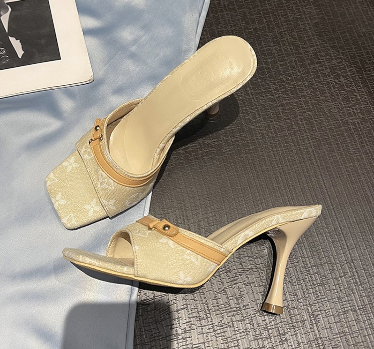 Denim France style high-heeled wears outside slippers for women