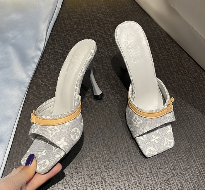 Denim France style high-heeled wears outside slippers for women