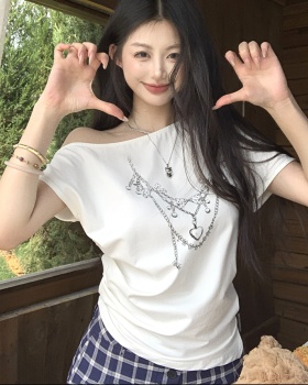 Printing sloping shoulder tops short sleeve T-shirt for women