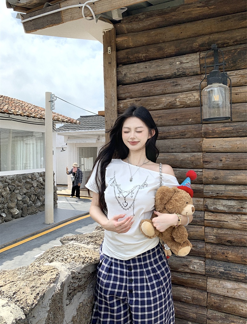 Printing sloping shoulder tops short sleeve T-shirt for women