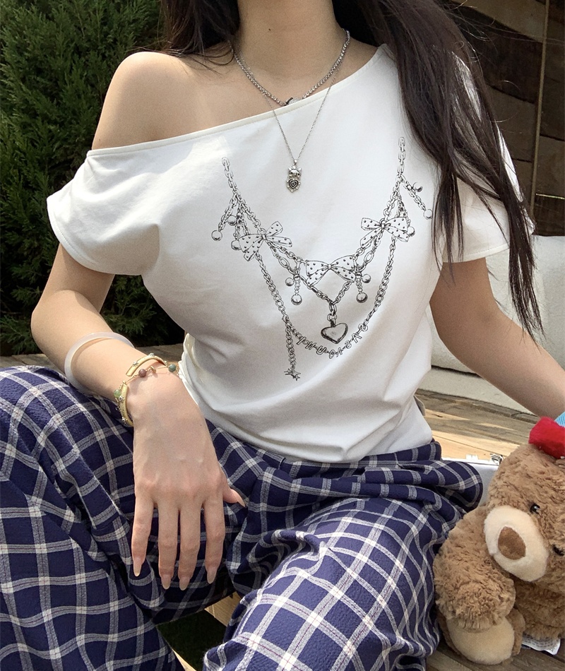 Printing sloping shoulder tops short sleeve T-shirt for women