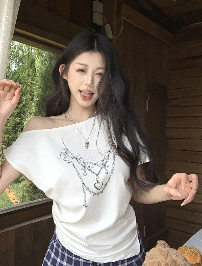 Printing sloping shoulder tops short sleeve T-shirt for women