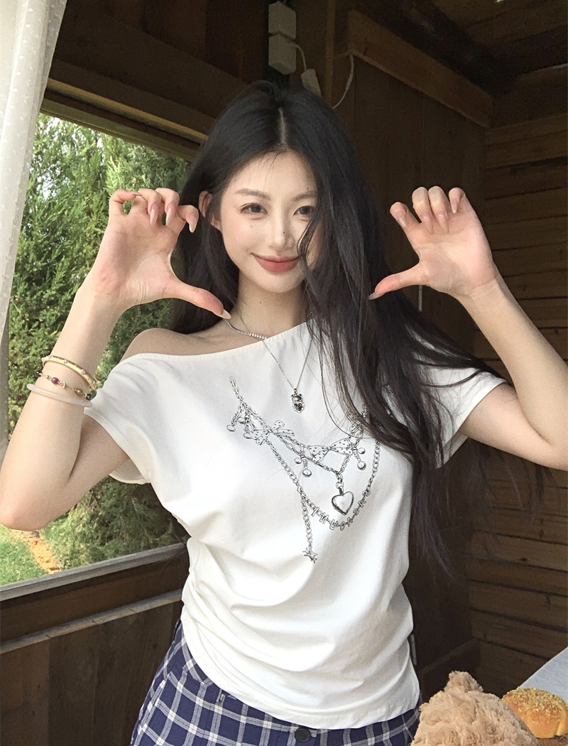 Printing sloping shoulder tops short sleeve T-shirt for women