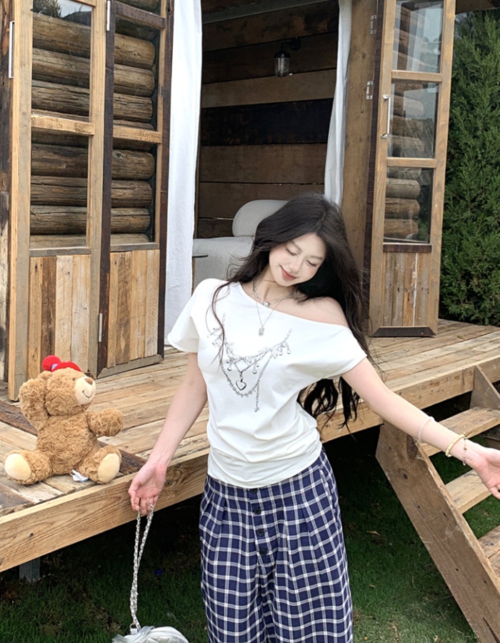 Printing sloping shoulder tops short sleeve T-shirt for women