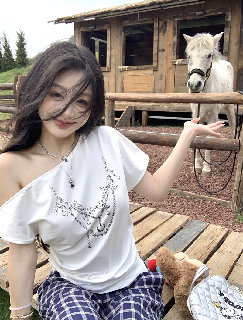Printing sloping shoulder tops short sleeve T-shirt for women