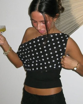 Summer polka dot navel shoulder pinched waist tops for women