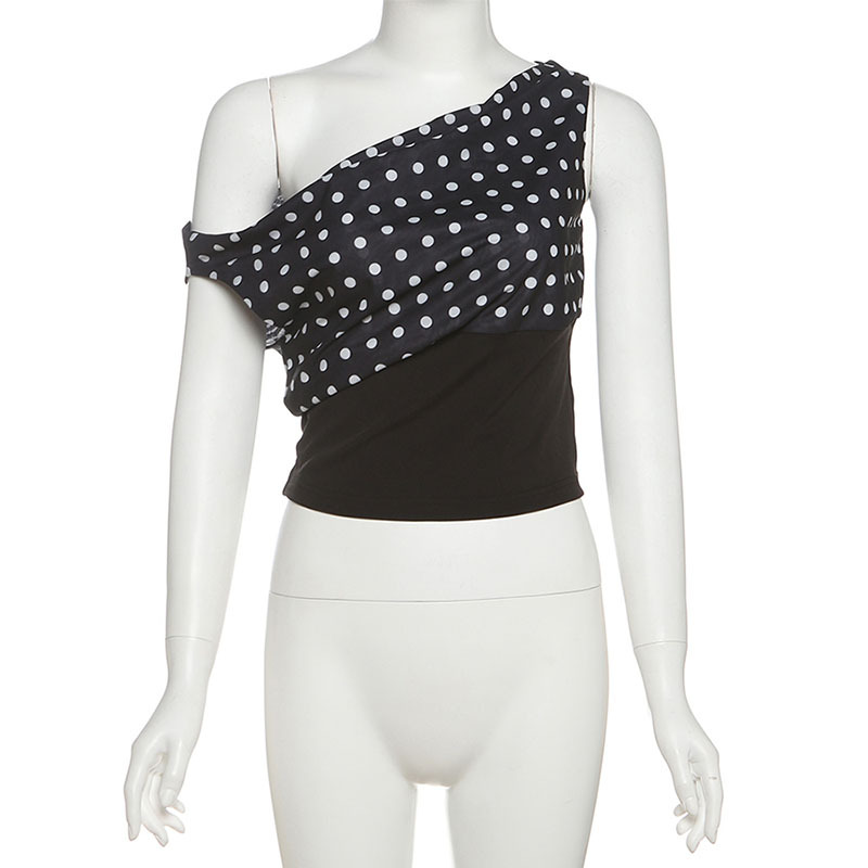 Summer polka dot navel shoulder pinched waist tops for women