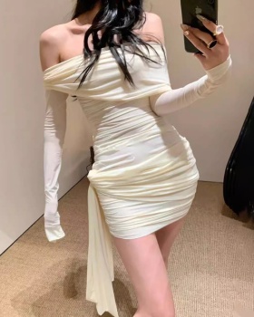 Bandage summer ladies flat shoulder slim dress for women