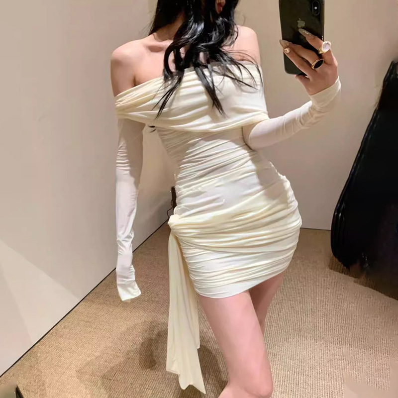 Bandage summer ladies flat shoulder slim dress for women