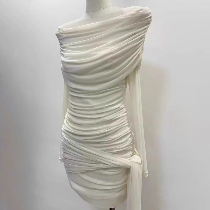 Bandage summer ladies flat shoulder slim dress for women